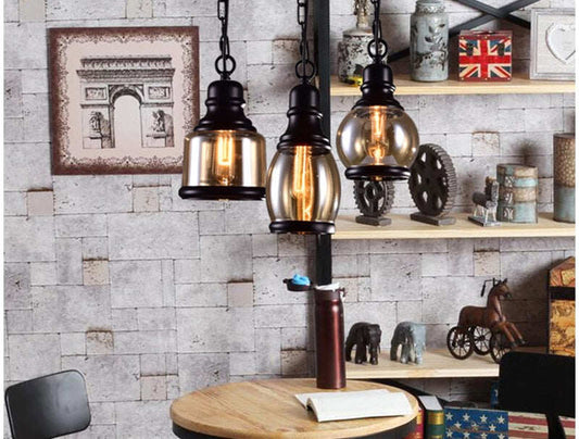 Vintage Loft Pendant Light Industrial Style Amber Glass Lamp Bar/Restaurant Retro Room Bar Bed Room 3 Style Pendant Light