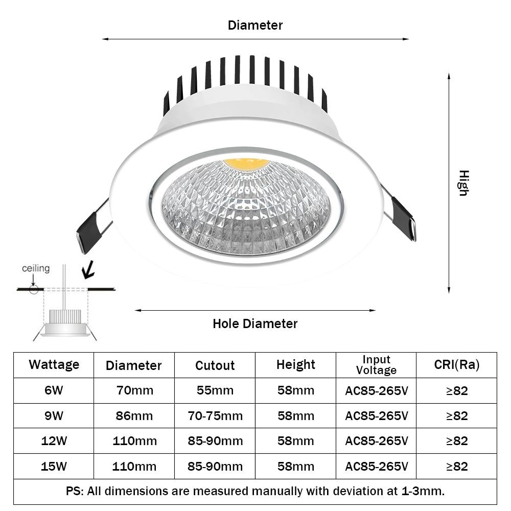 1 Super Bright Recessed LED Dimmable Downlight COB 6W 9W 12W 15W LED Spot light LED decoration Ceiling Lamp