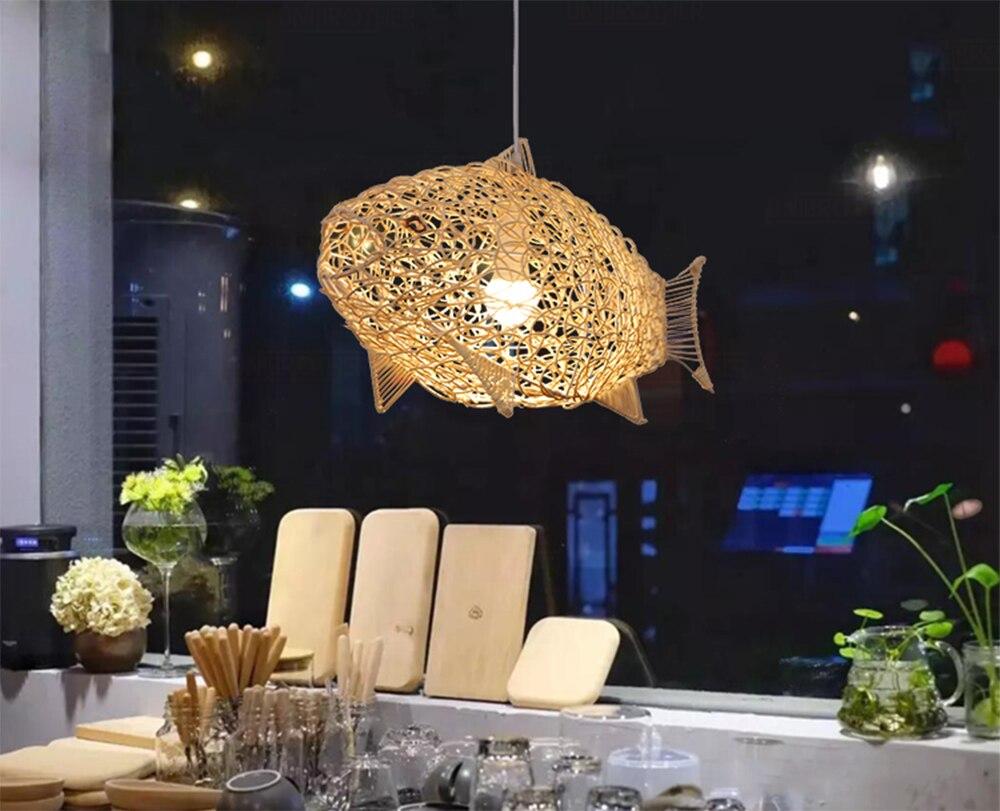 Creative Fish Pendant Lights Hand Woven Rattan Hanging Lamps Restaurant Bedroom Bar Light Fixture Home Teahouse Decoration