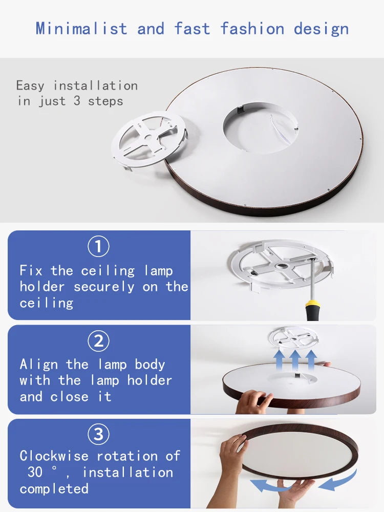 Modern LED Ceiling Light Circular Ultrathin Wood Grain Walnut Decorative Light Indoor Bedroom Living Room Dining Room Home Light