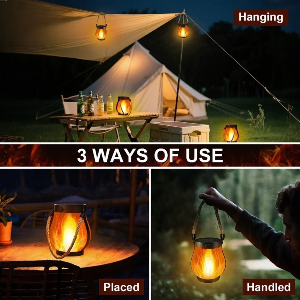 Solar Flame Lantern Outdoor Hanging LED Light Waterproof Rustic Rope Lamp Fire Effect Patio Garden Yard Camping