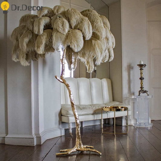 Nordic Luxury Ostrich Feather LED Floor Lamp Copper Brass/Resin Floor Light Art Deco Floor Lamps for Living Room Standing Light