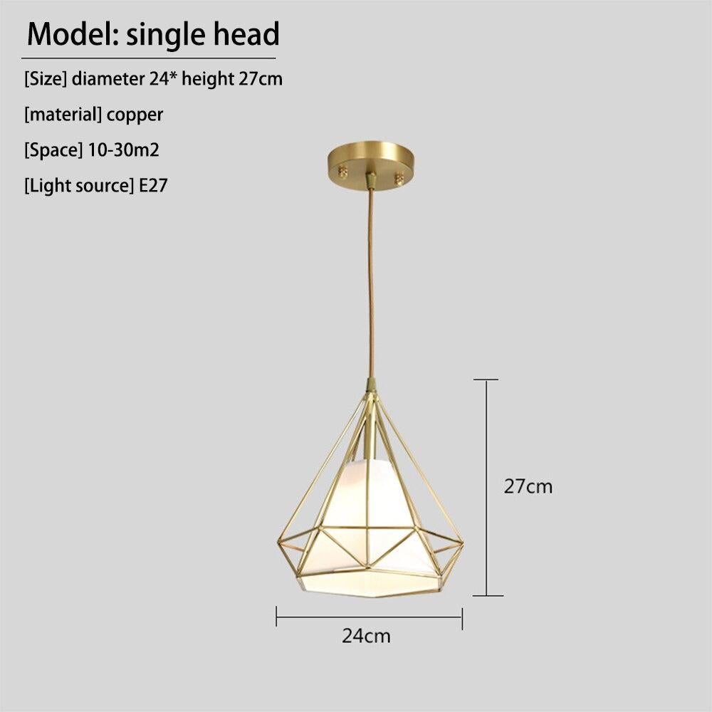 Diamond Pyramid Pendent Lamp Light Hanging Lamps Modern Nordic Creative E27 Copper LED Restaurant Bar Single Head