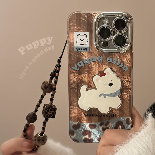 Cute Leopard Puppy Stiching Pattern Case For iPhone 17 Air 16 15 14 13 12 Pro Max 11 XR Xsmax With Wrist Chain Protective Cover