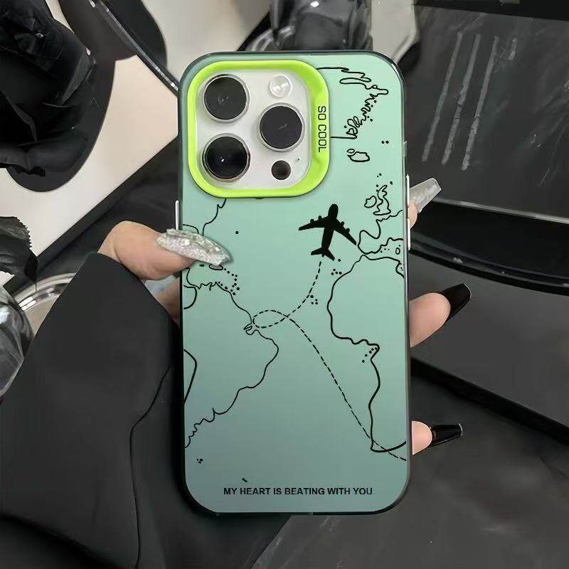 Travel-Inspired Airplane Route Design Plating Case for iPhone 16 15 Pro Max 14 13 12 11 XS X XR 7 8 Plus Matte Hard Back Cover
