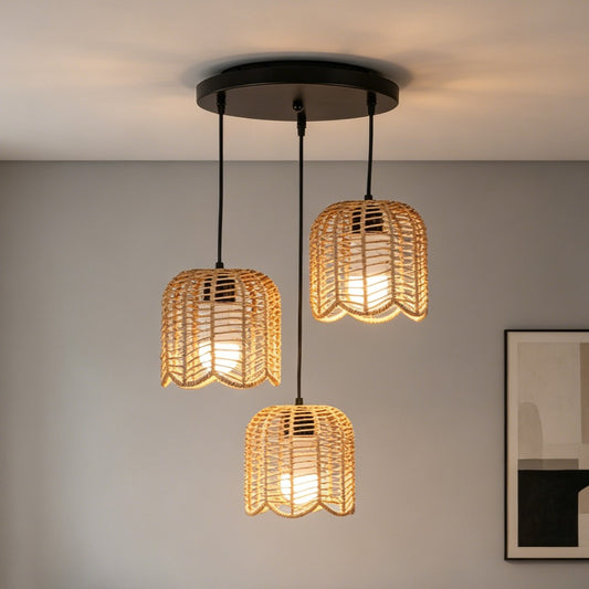 3-Heads Boho Woven Chandelier E27 Rattan Pendant Lamps Vintage Farmhouse Rural Bedroom Living Room Hanging Lighting