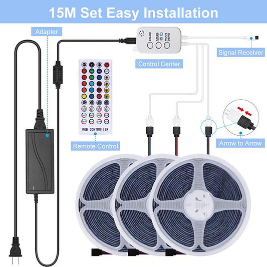 5M 10M 15M 20M RGB LED Strip Lights Music Sync 12V Waterproof LED Strip 30LED/M 5050 SMD Color Changing LED Light with Bluetooth Controller and Adapter for Bedroom Home TV Back Light DIY Deco