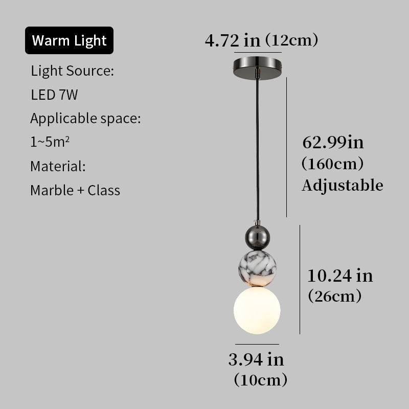 Natural Marble LED Pendant Light 7W Warm Light Adjustable 160cm Hanging Wire Glass Globe Hang Lamp for Bedroom Dining