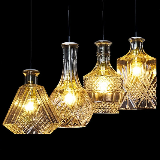 Modern Personality E27 Glass Hanging Lights Wine Bottle Engraved Pendant Lamps For Dining Room Living Room Restaurant Cafe Bar