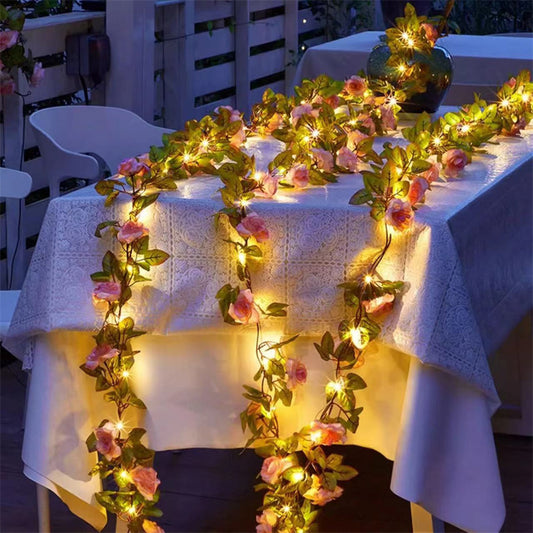 Solar Powered Sunflower Rose String Lights Artificial Ivy Leaves LED Fairy Lights Christmas Wedding Yard Fence Wall Decoration