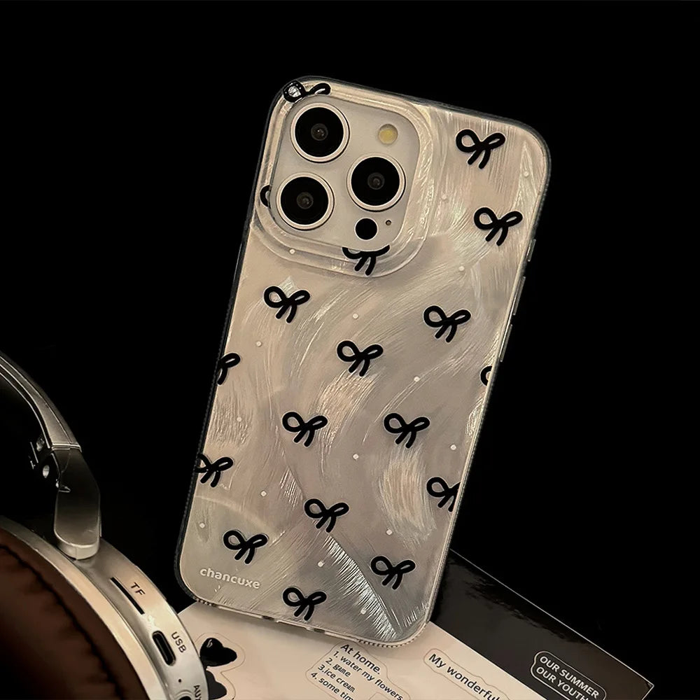 Luxury Laser Silver Bow knot Case for iPhone 17 16 15 Shockproof Bumper Fundas
