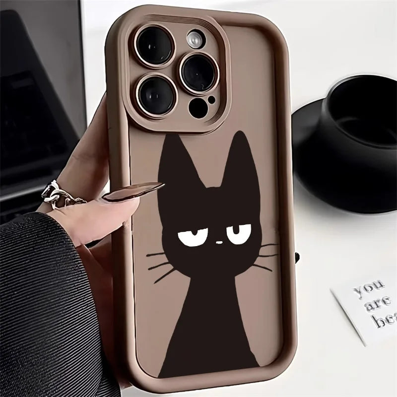Cute Black Cat Phone Case For iPhone 16 15 14 Candy Color Shockproof Soft Cover
