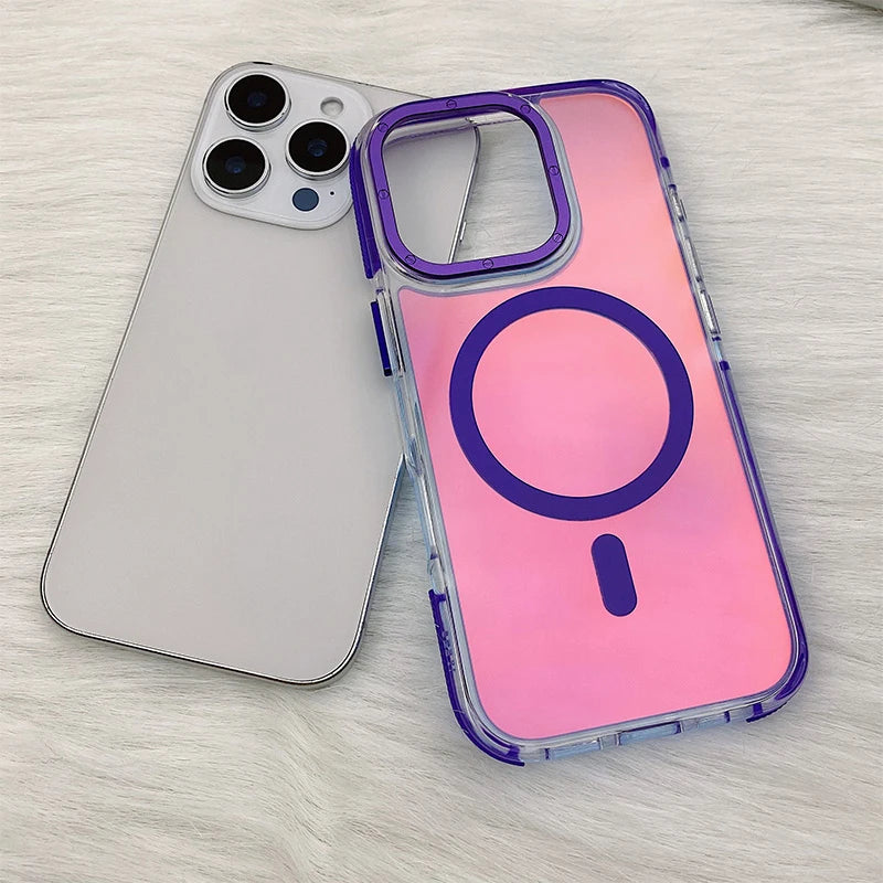 Metal Lens Laser MagSafe Phone Case for iPhone 16 15 14 Frosted Translucent Wireless Charging Hard PC Cover