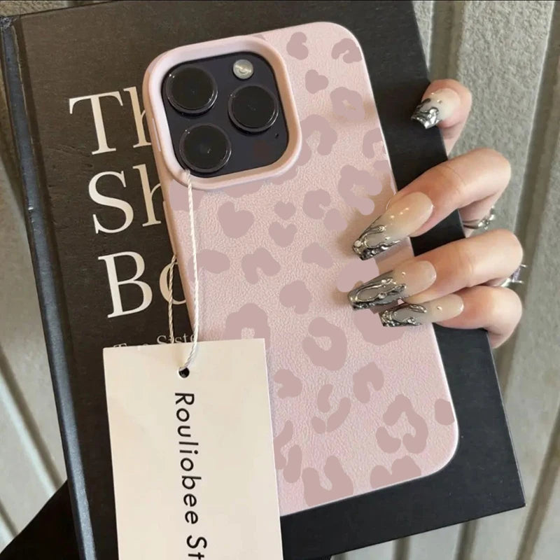 Pink Leopard Print Lichee Pattern Silicone Cover For iPhone 16 15 14