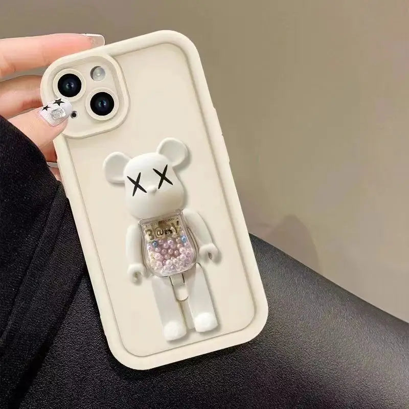 Cute 3D Bear Bracket TPU Phone Case for iPhone 16 15 14 Silicone Shockproof Matte Cover