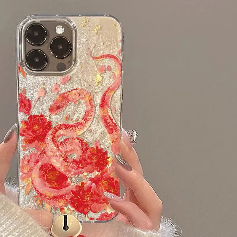 Illustration Plum Blossom Pink Snake Phone Case For iPhone 16 15 14