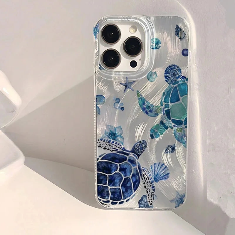 Summer Cool Turtle Pattern Phone Case for iPhone 16 15 14 Chiffon Texture Back Cover