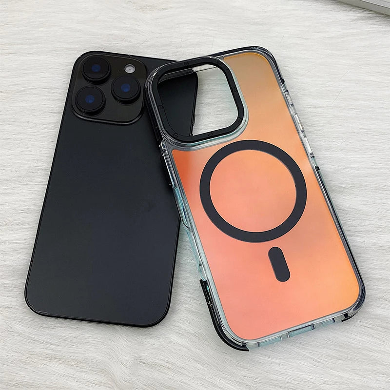 Metal Lens Laser MagSafe Phone Case for iPhone 16 15 14 Frosted Translucent Wireless Charging Hard PC Cover