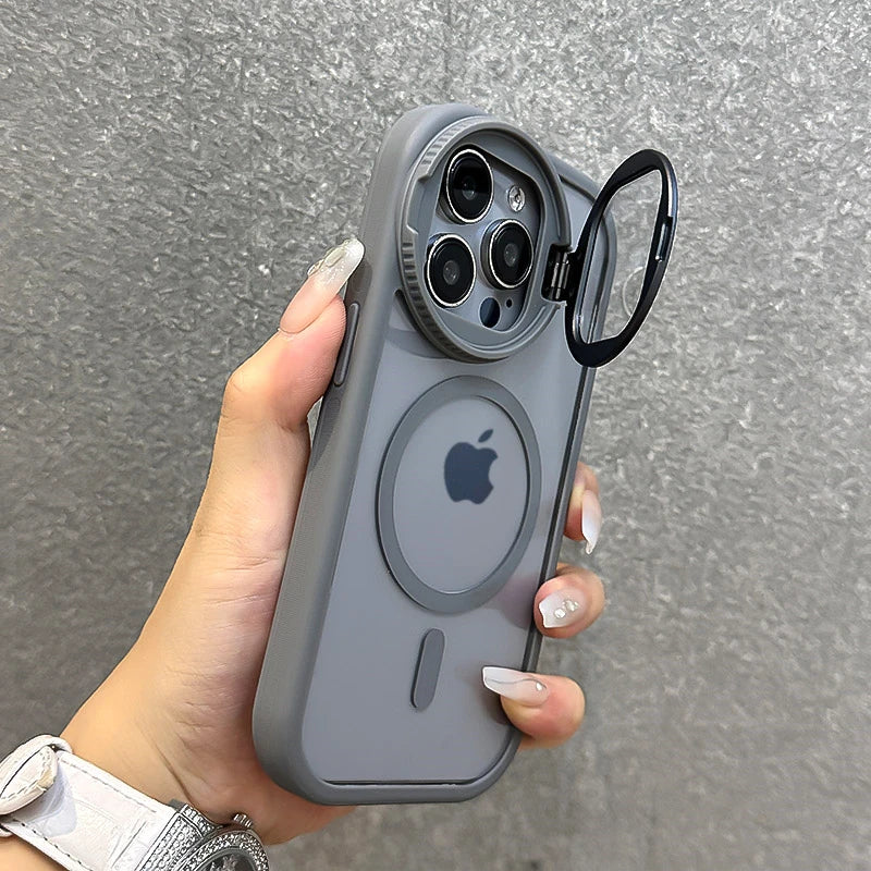 Fold Glass Lens Stand Magnetic Transparent Case For iPhone 16 15 14 Magsafe Wrist Strap Shockproof Cover