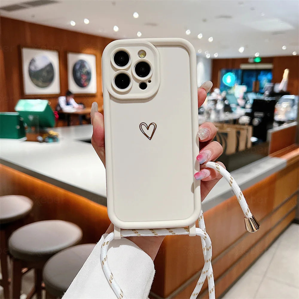 Crossbody Necklace Shoulder Strap Love Heart Silicone Phone Case For iPhone 16 15 14