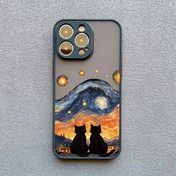 Artistic Black Cat Starry Night Phone Case For iPhone 16 15 14 Shockproof Shells