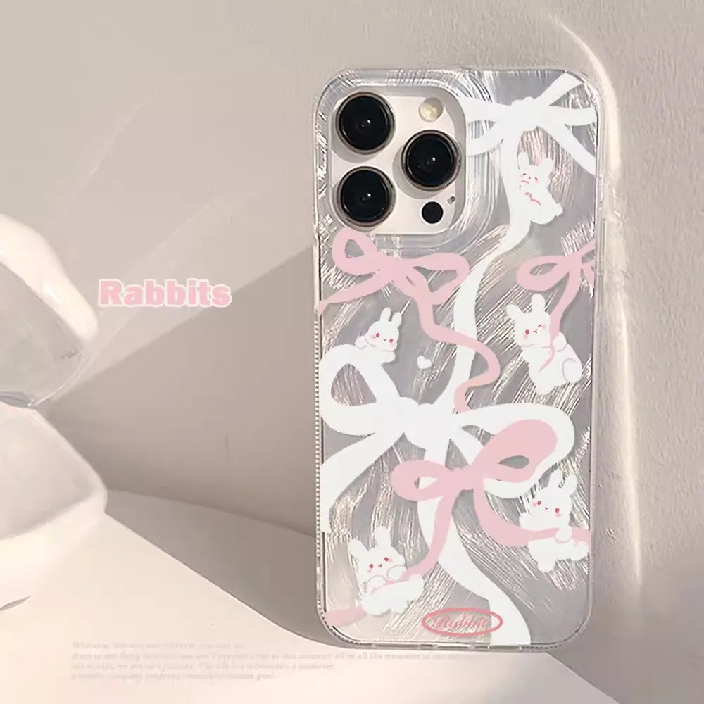 Luxury Laser Silver Bow knot Case for iPhone 17 16 15 Shockproof Bumper Fundas