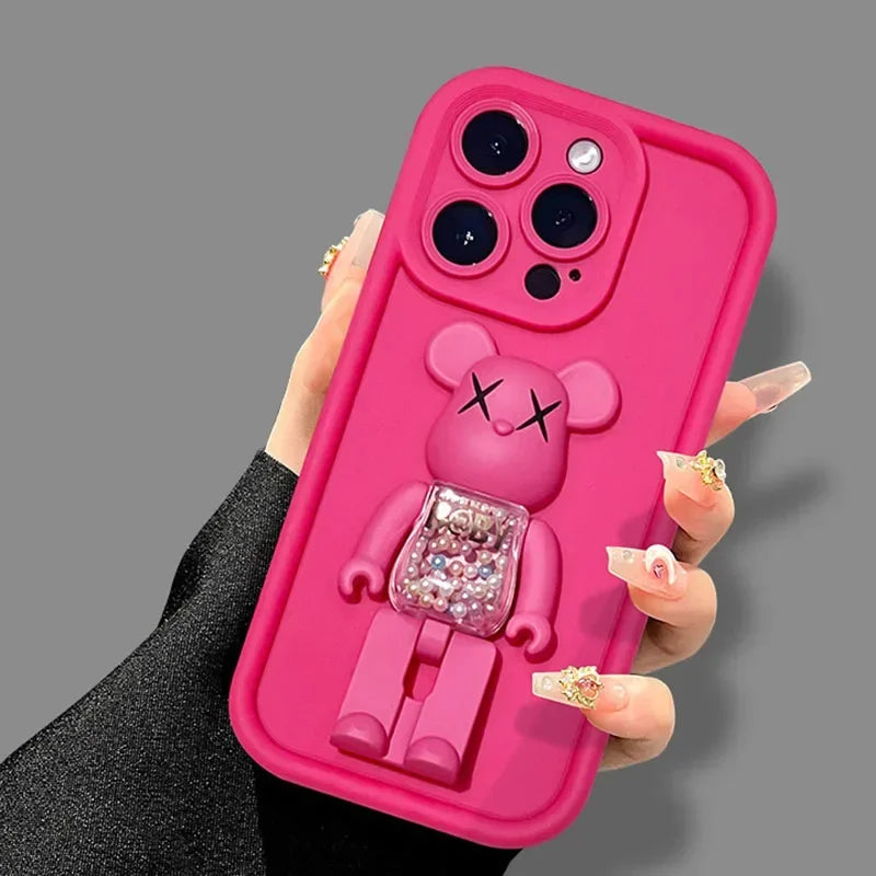 Cute 3D Bear Bracket TPU Phone Case for iPhone 16 15 14 Silicone Shockproof Matte Cover