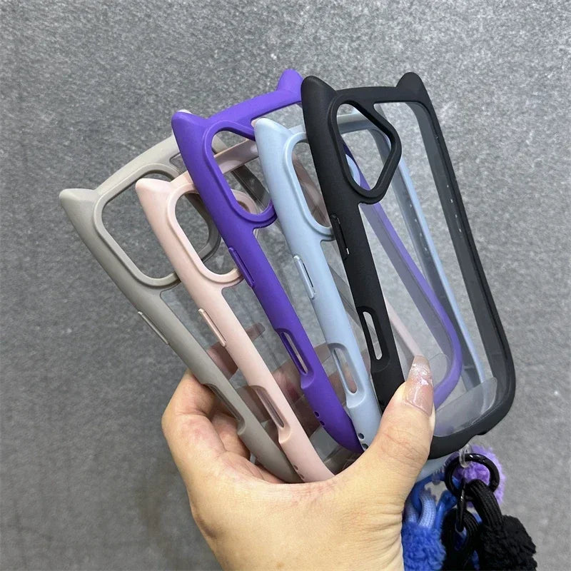 3D Cat Ear Cute Lanyard Magnetic Transparent Case For iPhone 16 15 14 Wristband Clear Magsafe Cover