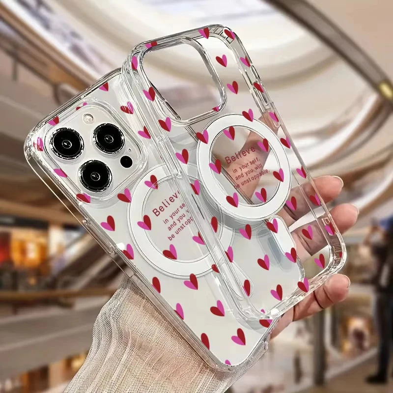 Cute Wine Red Little Love Heart Case For iPhone 17 16 15 Wireless Charge Magnetic Clear Cover
