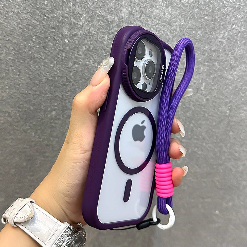 Fold Glass Lens Stand Magnetic Transparent Case For iPhone 16 15 14 Magsafe Wrist Strap Shockproof Cover