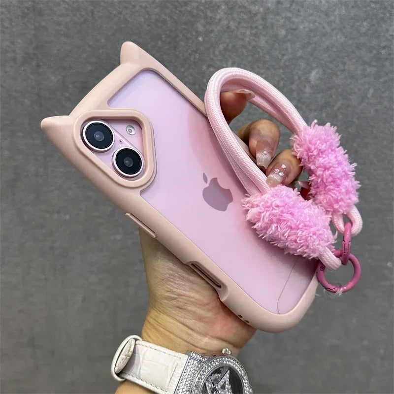 3D Cat Ear Cute Lanyard Magnetic Transparent Case For iPhone 16 15 14 Wristband Clear Magsafe Cover