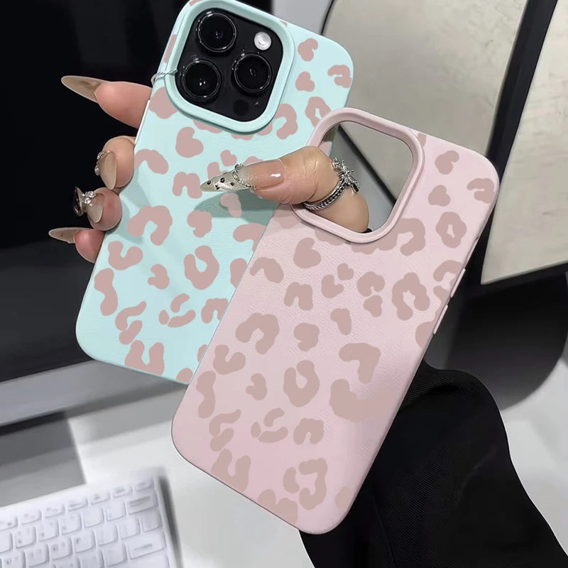 Pink Leopard Print Lichee Pattern Silicone Cover For iPhone 16 15 14