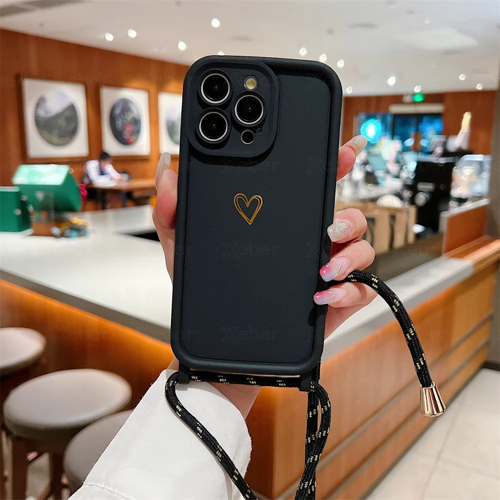 Crossbody Necklace Shoulder Strap Love Heart Silicone Phone Case For iPhone 16 15 14
