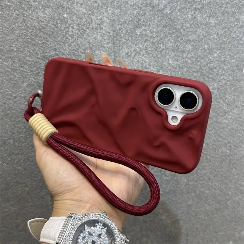 Luxury Wrinkle Matte Wrist Strap Case for iPhone 16 15 14 Lanyard Candy Solid Color Ripple Soft Silicone Cover