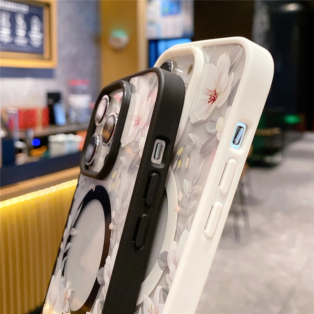 Floral Clear For Magsafe Magnetic Wireless Charging Case For iPhone 16 15 14 Hard Bumper Cover