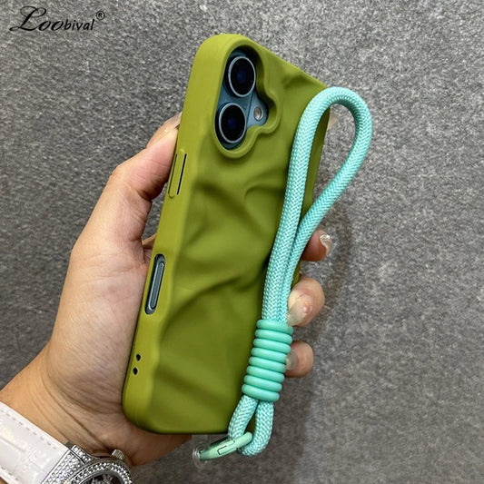 Luxury Wrinkle Matte Wrist Strap Case for iPhone 16 15 14 Lanyard Candy Solid Color Ripple Soft Silicone Cover