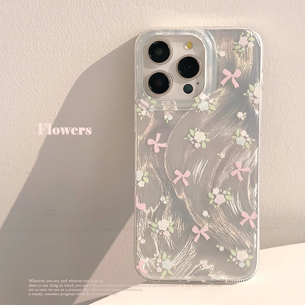 Luxury Laser Silver Bow knot Case for iPhone 17 16 15 Shockproof Bumper Fundas