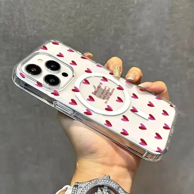 Cute Wine Red Little Love Heart Case For iPhone 17 16 15 Wireless Charge Magnetic Clear Cover