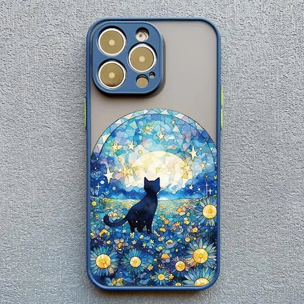 Artistic Black Cat Starry Night Phone Case For iPhone 16 15 14 Shockproof Shells