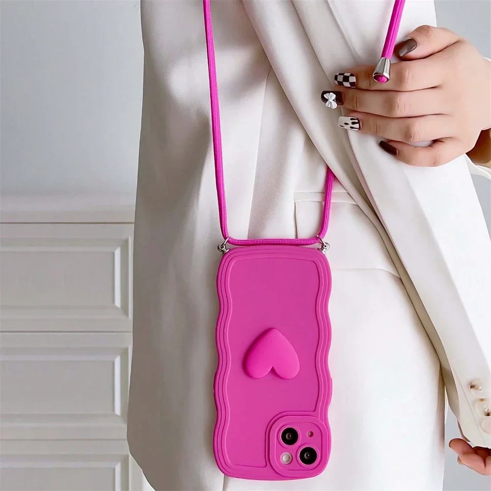 Crossbody Necklace Lanyard 3D Love Heart Wave Border Soft Case For iPhone 16 15 14