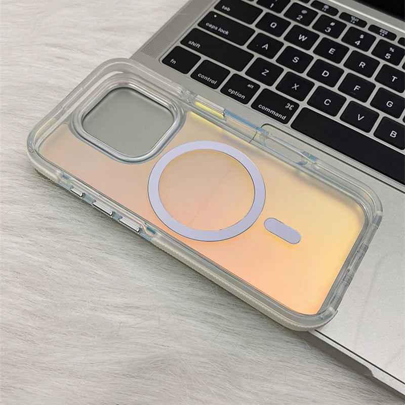 Metal Lens Laser MagSafe Phone Case for iPhone 16 15 14 Frosted Translucent Wireless Charging Hard PC Cover