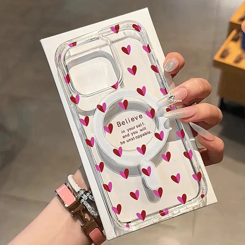 Cute Wine Red Little Love Heart Case For iPhone 17 16 15 Wireless Charge Magnetic Clear Cover