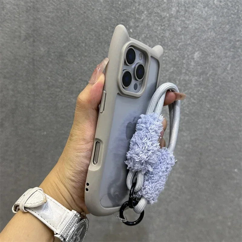 3D Cat Ear Cute Lanyard Magnetic Transparent Case For iPhone 16 15 14 Wristband Clear Magsafe Cover