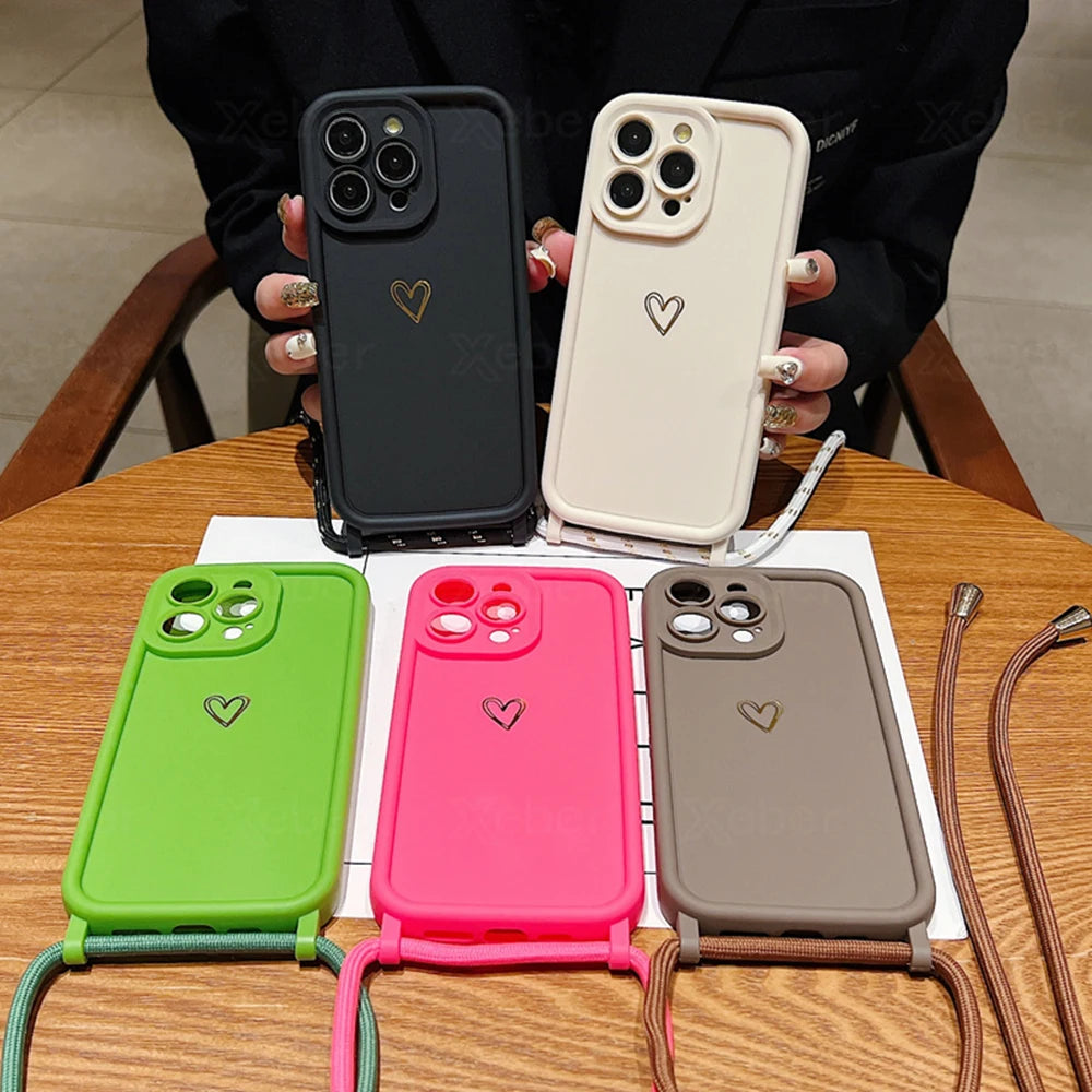 Crossbody Necklace Shoulder Strap Love Heart Silicone Phone Case For iPhone 16 15 14