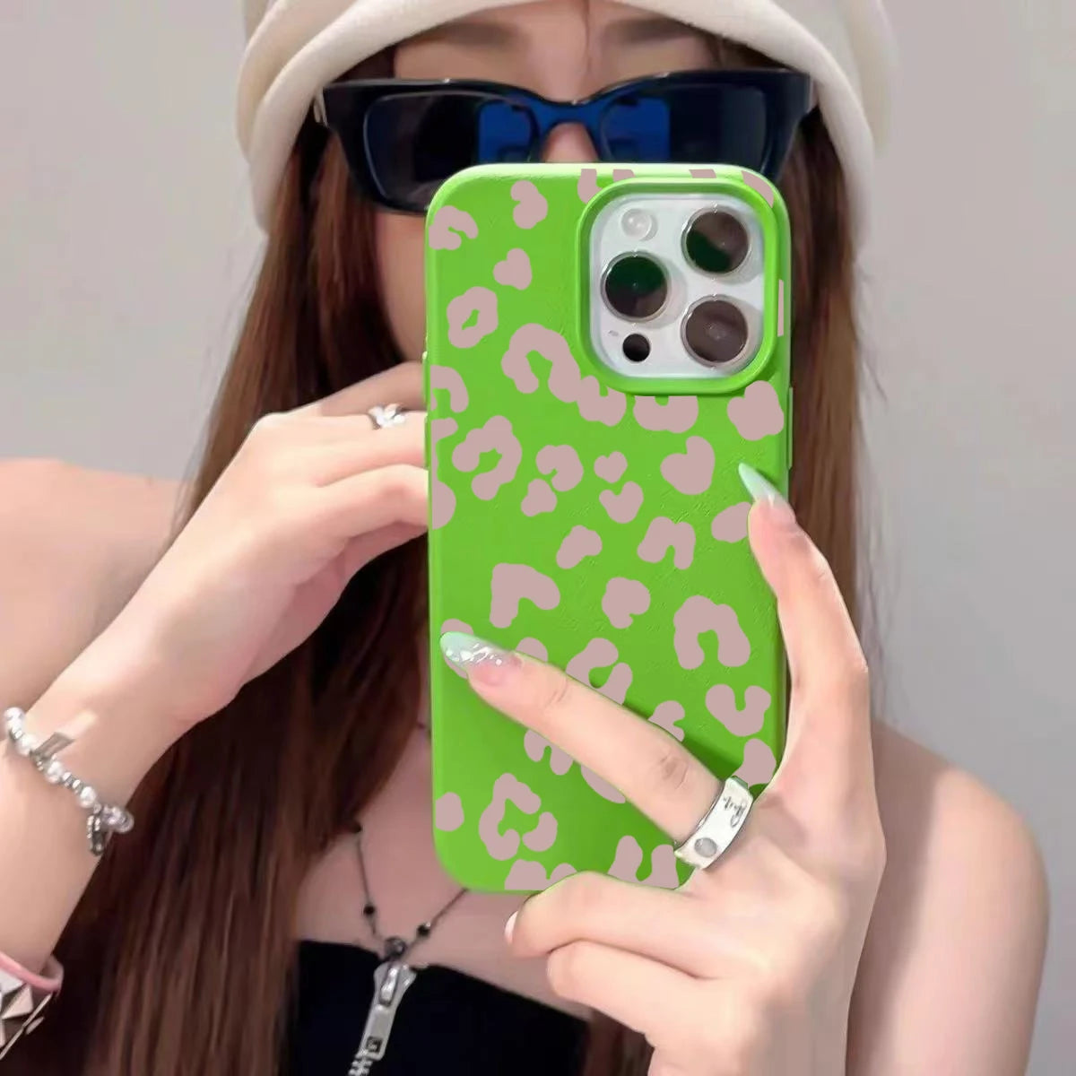 Pink Leopard Print Lichee Pattern Silicone Cover For iPhone 16 15 14