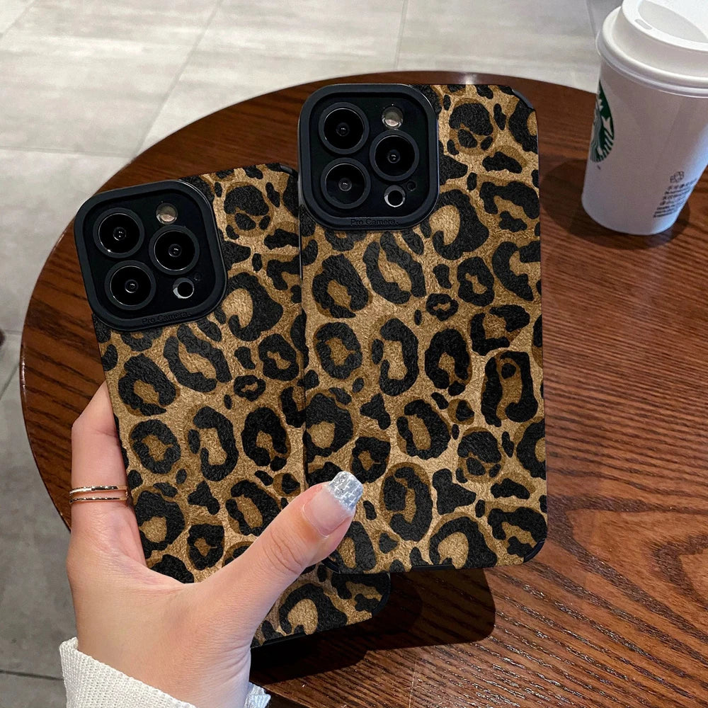 Leopard Silicone Leather Case For iPhone 16 15 14 Soft Shockproof Cover