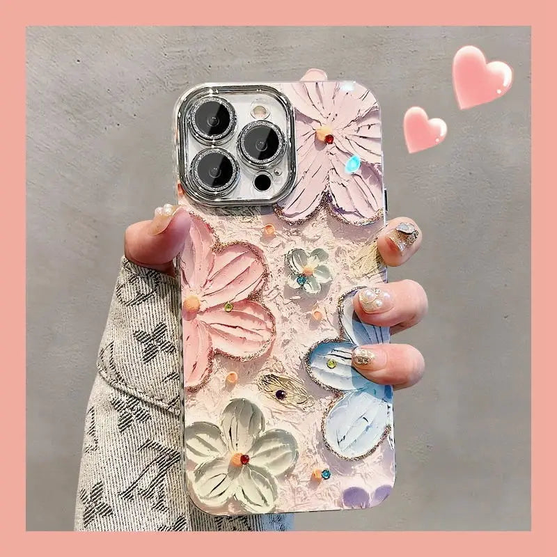 Flowers Glitter Laser Phone Case For iPhone 16 15 14 Soft Shockproof Lens Protection Cover