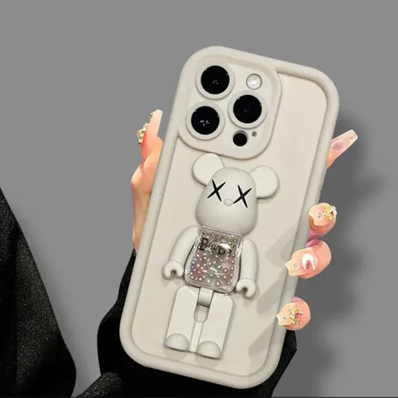 Cute 3D Bear Bracket TPU Phone Case for iPhone 16 15 14 Silicone Shockproof Matte Cover