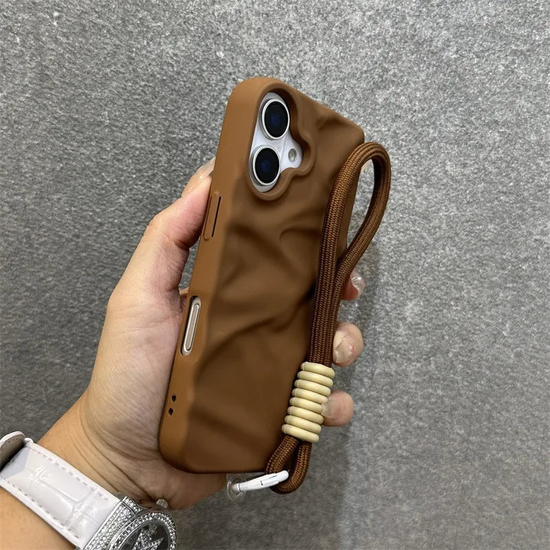 Luxury Wrinkle Matte Wrist Strap Case for iPhone 16 15 14 Lanyard Candy Solid Color Ripple Soft Silicone Cover