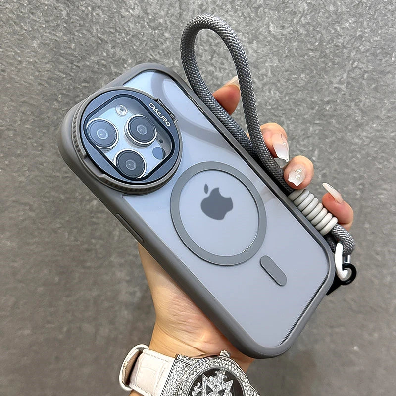 Fold Glass Lens Stand Magnetic Transparent Case For iPhone 16 15 14 Magsafe Wrist Strap Shockproof Cover